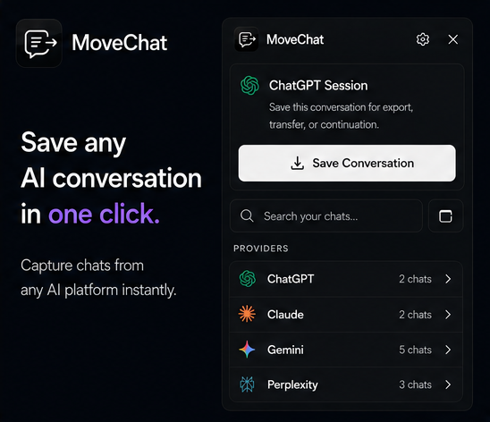 MoveChat export panel showing PDF, Markdown, and JSON options