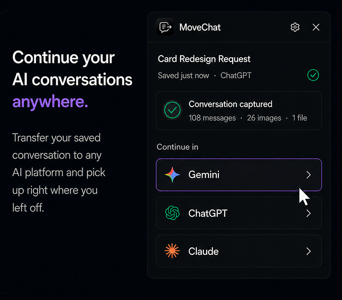 MoveChat interface transferring conversation context between AI platforms